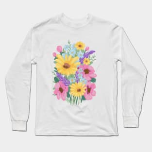 Pink And Blue Abstract Wild Flowers Illustration Long Sleeve T-Shirt